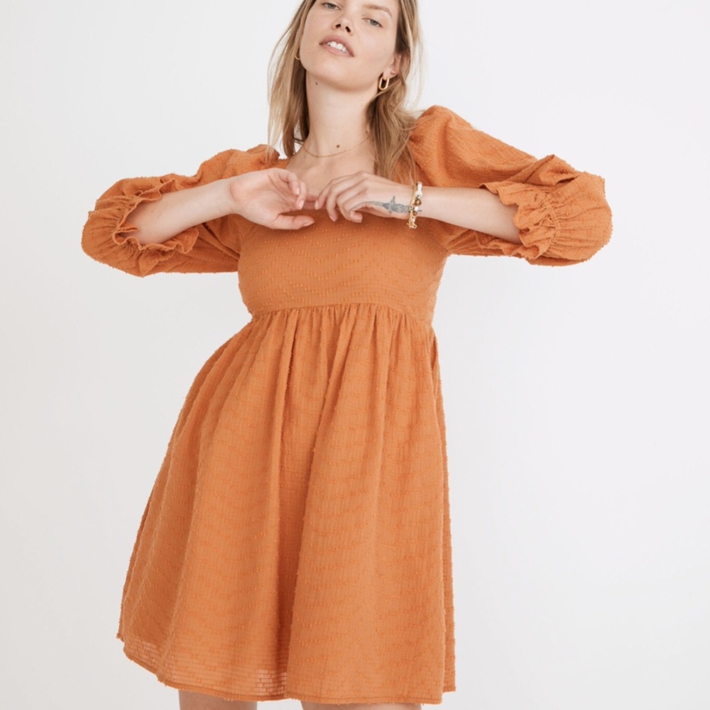Madewell Puff-Sleeve Waisted Mini Dress in textured clip dot fabric (pre-owned)